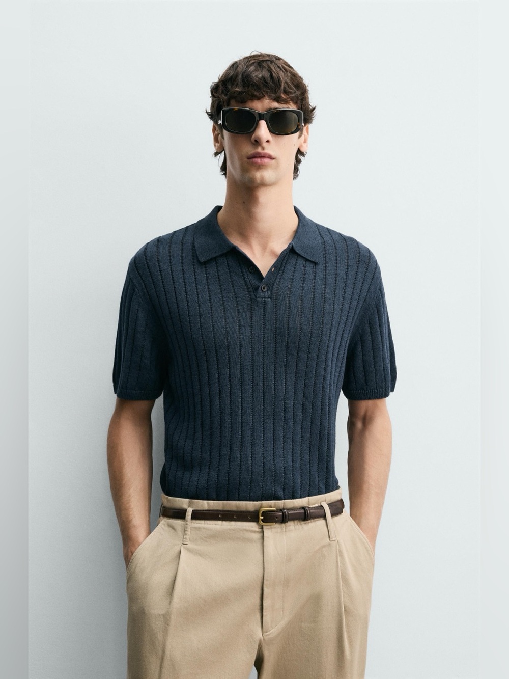 Zara RIB KNIT POLO SHIRT Navy 100% Cotton Mens XL Preppy Coastal Vacation